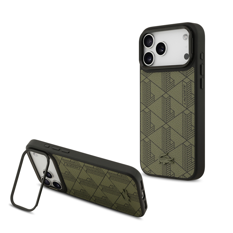 Apple iPhone 17 Pro Max Kılıf Lacoste Orjinal Lisanslı M-safe Şarj Özellikli Standlı PU Deri Karışık Monogram Desenli Kapak - 1