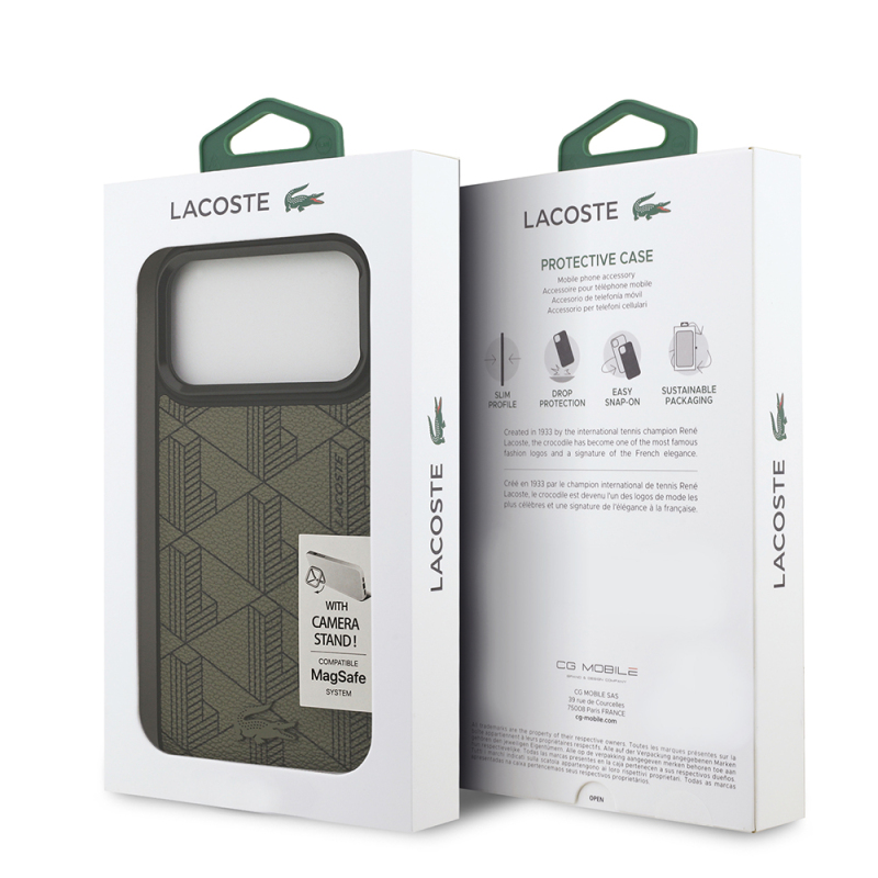 Apple iPhone 17 Pro Max Kılıf Lacoste Orjinal Lisanslı M-safe Şarj Özellikli Standlı PU Deri Karışık Monogram Desenli Kapak - 9