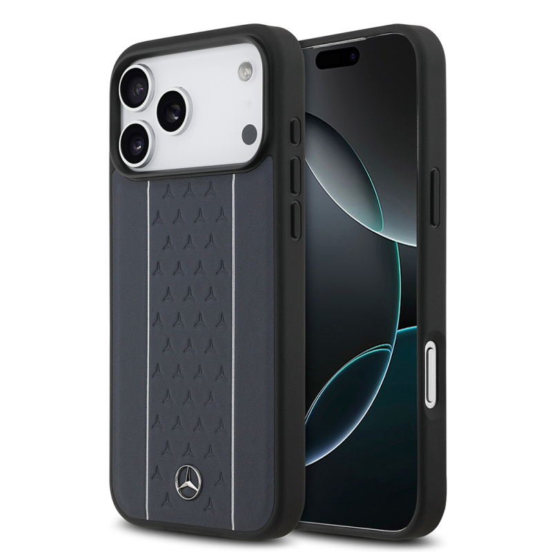 Apple iPhone 17 Pro Max Kılıf Mercedes Benz Orjinal Lisanslı M-safe Şarj Özellikli Şeritli Yıldız Desenli Metal Logolu Deri Kapak - 2