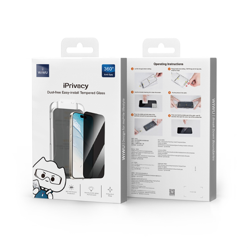 Apple iPhone 17 Pro Wiwu Wi-SQ009 Easy Install iPrivacy 360° Anti-Peep Oleophobic Tempered Glass Screen Protector + Easy Application Tool - 15