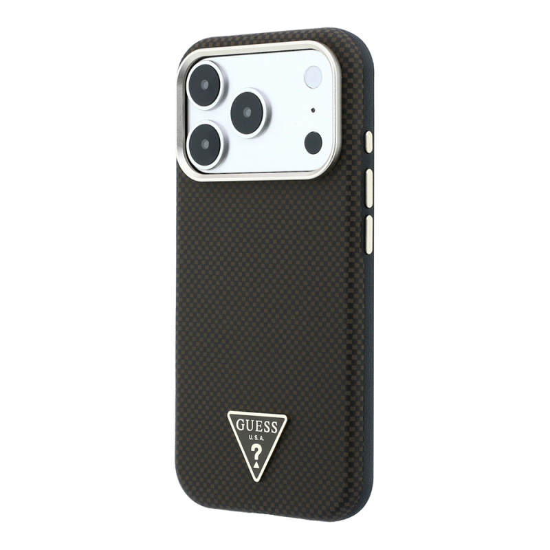 Apple iPhone 18 Pro Case Guess Original Licensed M-safe Charging Enabled PU Metal Triangle Logo Carbon Fiber Kevlar Cover - 4
