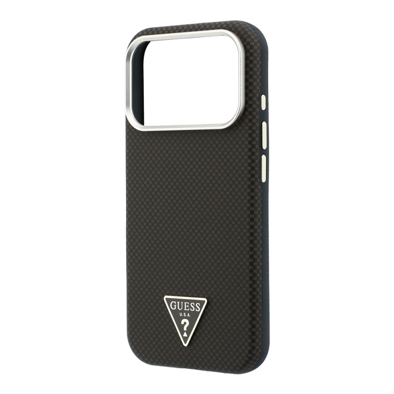 Apple iPhone 18 Pro Case Guess Original Licensed M-safe Charging Enabled PU Metal Triangle Logo Carbon Fiber Kevlar Cover - 8