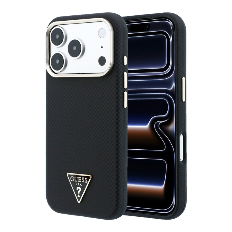Apple iPhone 18 Pro Case Guess Original Licensed M-safe Charging Enabled PU Metal Triangle Logo Carbon Fiber Kevlar Cover - 3