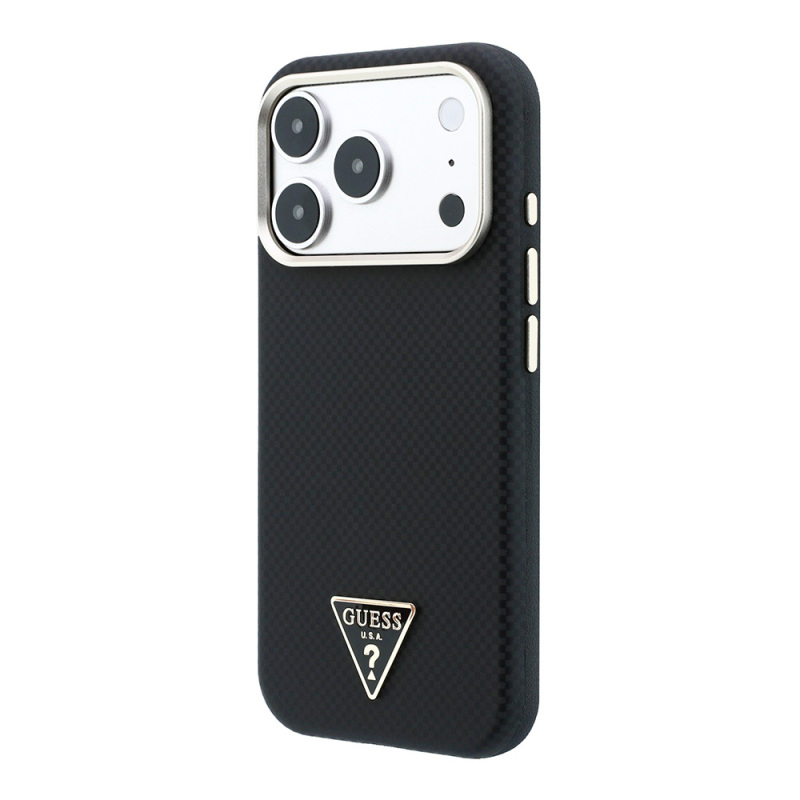 Apple iPhone 18 Pro Case Guess Original Licensed M-safe Charging Enabled PU Metal Triangle Logo Carbon Fiber Kevlar Cover - 18
