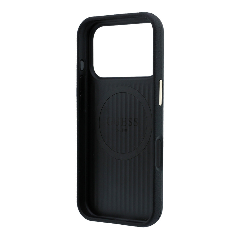Apple iPhone 18 Pro Case Guess Original Licensed M-safe Charging Enabled PU Metal Triangle Logo Carbon Fiber Kevlar Cover - 23