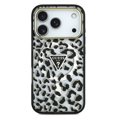 Apple iPhone 18 Pro Case Guess Original Licensed M-safe Charging Enabled Triangle Logo Glitter Leopard Pattern Cover - 6