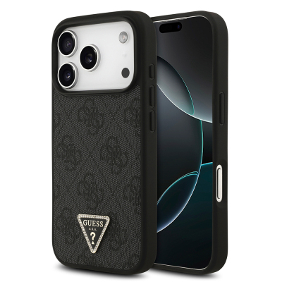 Apple iPhone 18 Pro Case Guess Original Licensed M-safe Charging Feature PU Leather Rhinestone Triangle Logo 4G Patterned Strass Cover - 1