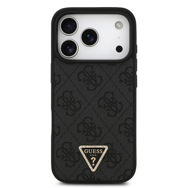 Apple iPhone 18 Pro Case Guess Original Licensed M-safe Charging Feature PU Leather Rhinestone Triangle Logo 4G Patterned Strass Cover - 5
