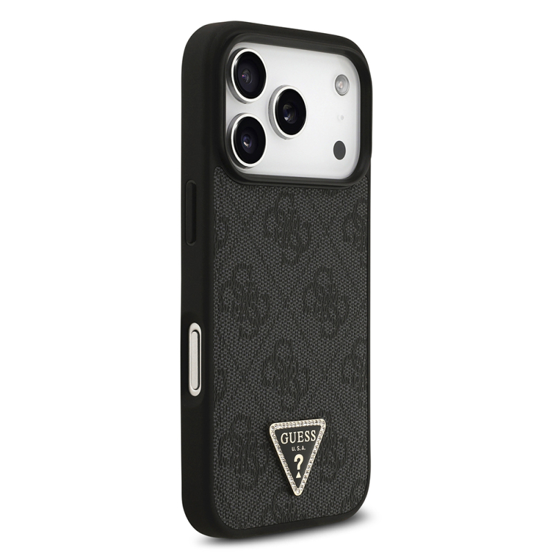 Apple iPhone 18 Pro Case Guess Original Licensed M-safe Charging Feature PU Leather Rhinestone Triangle Logo 4G Patterned Strass Cover - 6