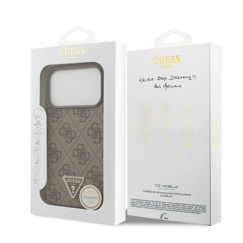Apple iPhone 18 Pro Case Guess Original Licensed M-safe Charging Feature PU Leather Rhinestone Triangle Logo 4G Patterned Strass Cover - 17