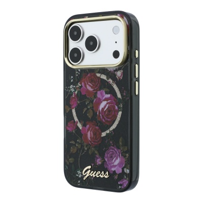 Apple iPhone 18 Pro Case Guess Original Licensed M-safe Charging Feature Rose Pattern Glittery Text and Logo Cover - 11