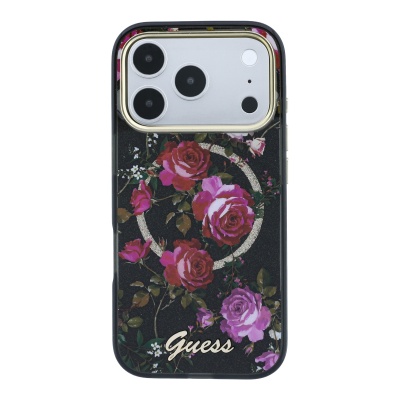 Apple iPhone 18 Pro Case Guess Original Licensed M-safe Charging Feature Rose Pattern Glittery Text and Logo Cover - 12