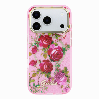 Apple iPhone 18 Pro Case Guess Original Licensed M-safe Charging Feature Rose Pattern Glittery Text and Logo Cover - 19