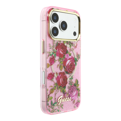 Apple iPhone 18 Pro Case Guess Original Licensed M-safe Charging Feature Rose Pattern Glittery Text and Logo Cover - 20