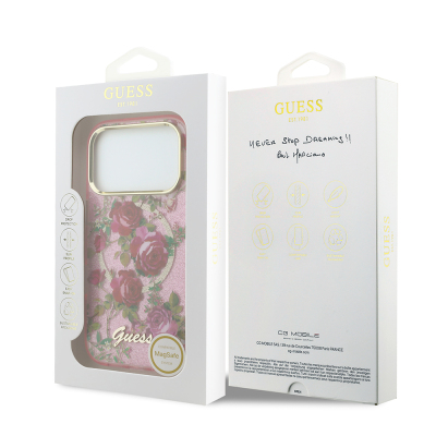 Apple iPhone 18 Pro Case Guess Original Licensed M-safe Charging Feature Rose Pattern Glittery Text and Logo Cover - 24