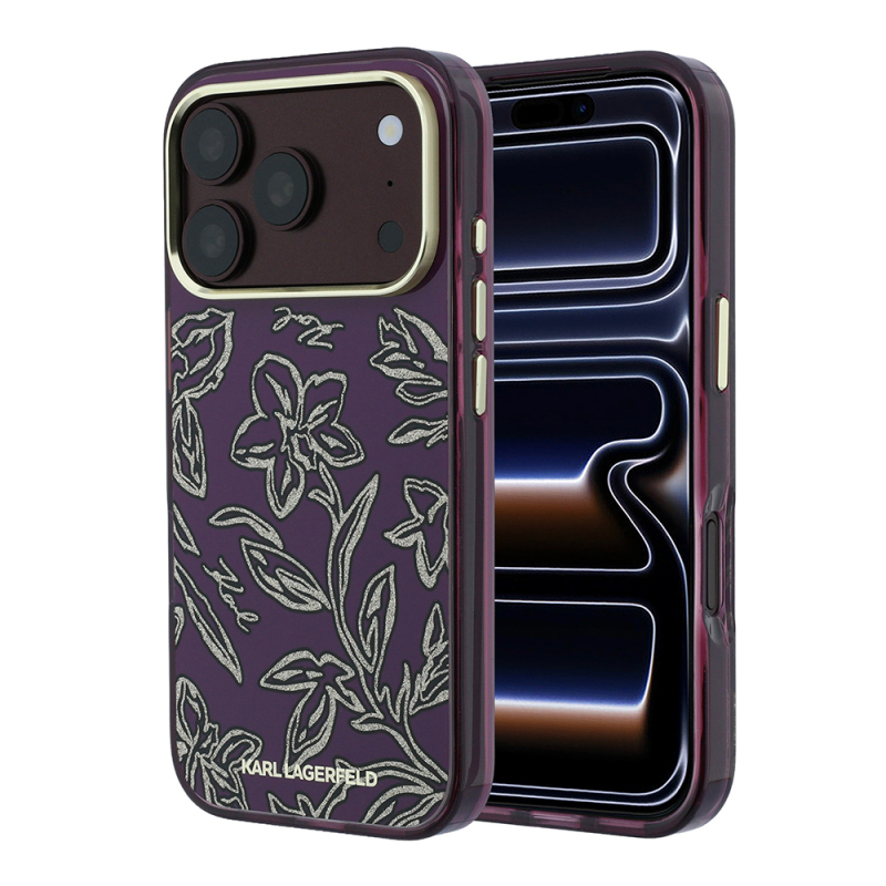 Apple iPhone 18 Pro Case Karl Lagerfeld Original Licensed M-safe Charging Enabled Gold Metal Camera Frame Floral Design Cover - 1
