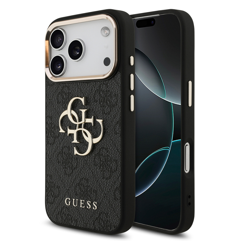 Apple iPhone 18 Pro Kılıf Guess Orjinal Lisanslı Gold Metal Kamera Çerçeveli 4G Desenli Metal Büyük 4G ve Yazı Logolu Kapak - 4