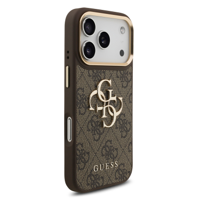 Apple iPhone 18 Pro Kılıf Guess Orjinal Lisanslı Gold Metal Kamera Çerçeveli 4G Desenli Metal Büyük 4G ve Yazı Logolu Kapak - 19