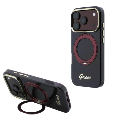 Apple iPhone 18 Pro Kılıf Guess Orjinal Lisanslı M-safe Şarj Özellikli 360 Derece Dönebilen Standlı Metal Yazı Logolu Silikon Kapak - 1