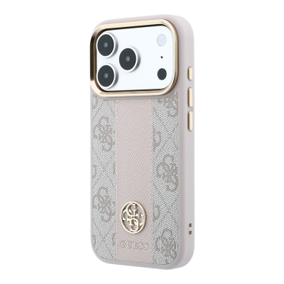 Apple iPhone 18 Pro Kılıf Guess Orjinal Lisanslı M-safe Şarj Özellikli Deri 4G Desenli Şeritli Yazı Logolu Kapak - 26