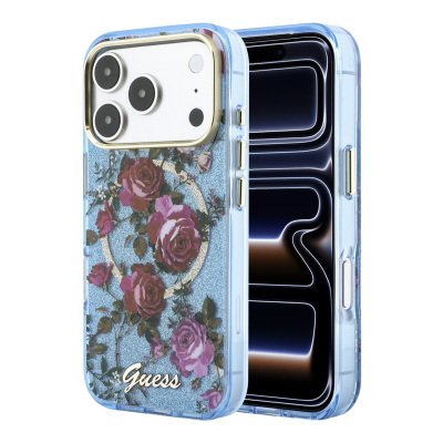 Apple iPhone 18 Pro Kılıf Guess Orjinal Lisanslı M-safe Şarj Özellikli Gül Desenli Simli Yazı Logolu Kapak - 1