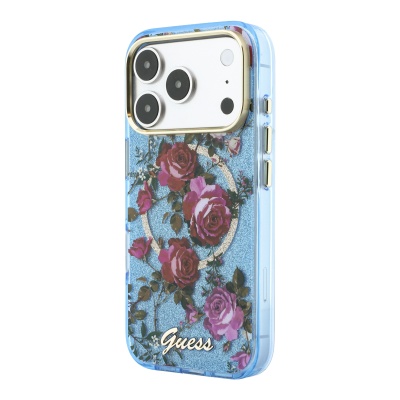Apple iPhone 18 Pro Kılıf Guess Orjinal Lisanslı M-safe Şarj Özellikli Gül Desenli Simli Yazı Logolu Kapak - 4