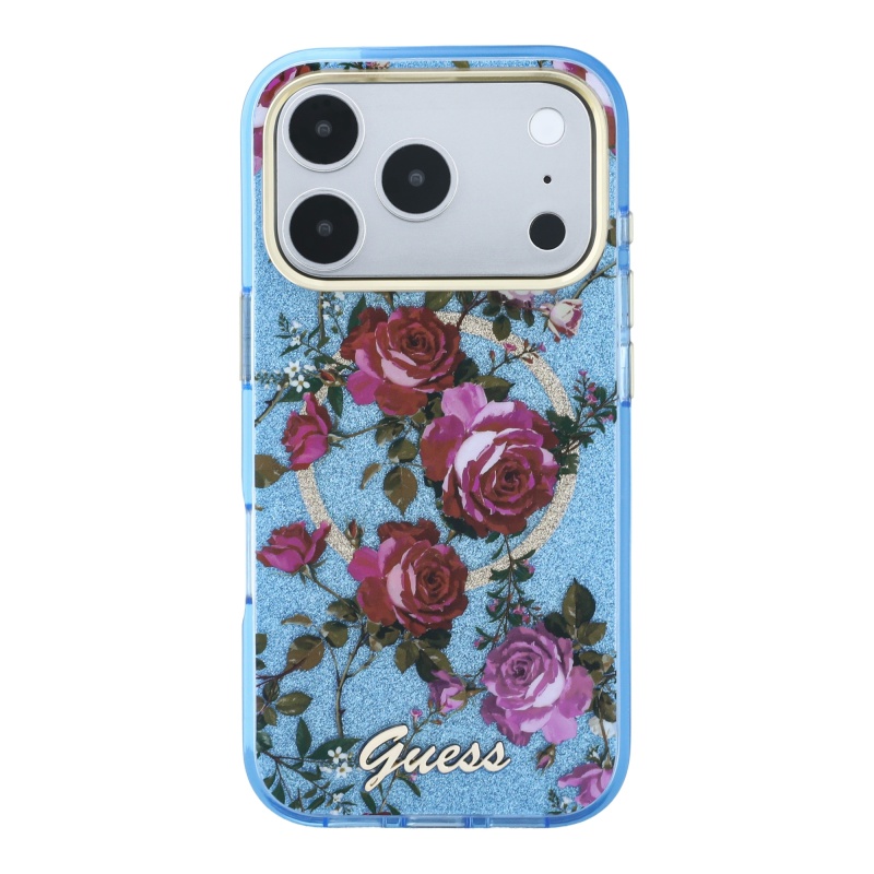 Apple iPhone 18 Pro Kılıf Guess Orjinal Lisanslı M-safe Şarj Özellikli Gül Desenli Simli Yazı Logolu Kapak - 5