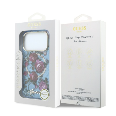 Apple iPhone 18 Pro Kılıf Guess Orjinal Lisanslı M-safe Şarj Özellikli Gül Desenli Simli Yazı Logolu Kapak - 10