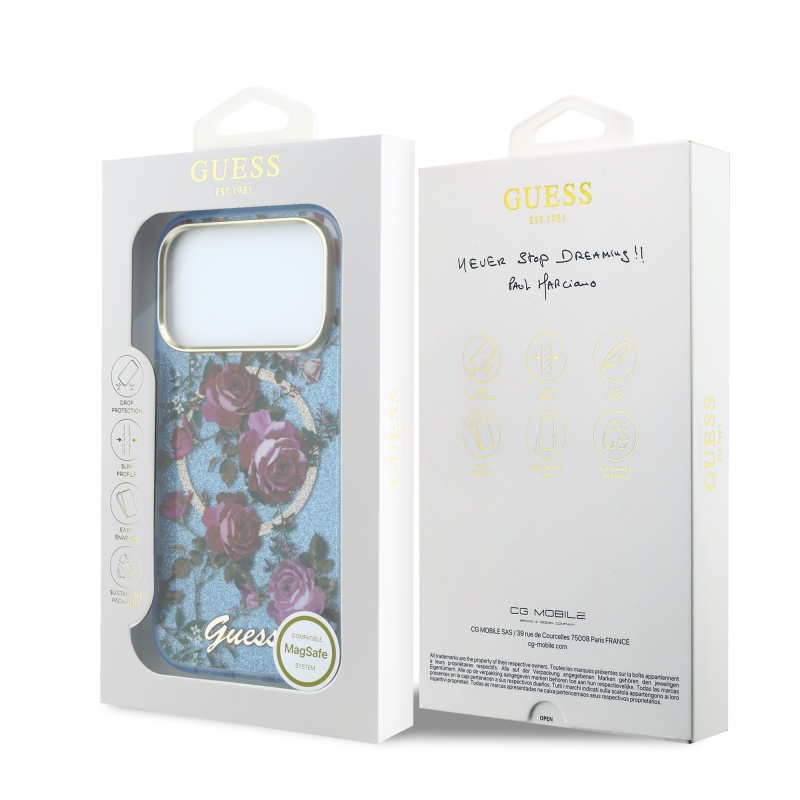 Apple iPhone 18 Pro Kılıf Guess Orjinal Lisanslı M-safe Şarj Özellikli Gül Desenli Simli Yazı Logolu Kapak - 10
