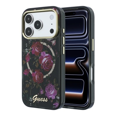Apple iPhone 18 Pro Kılıf Guess Orjinal Lisanslı M-safe Şarj Özellikli Gül Desenli Simli Yazı Logolu Kapak - 2