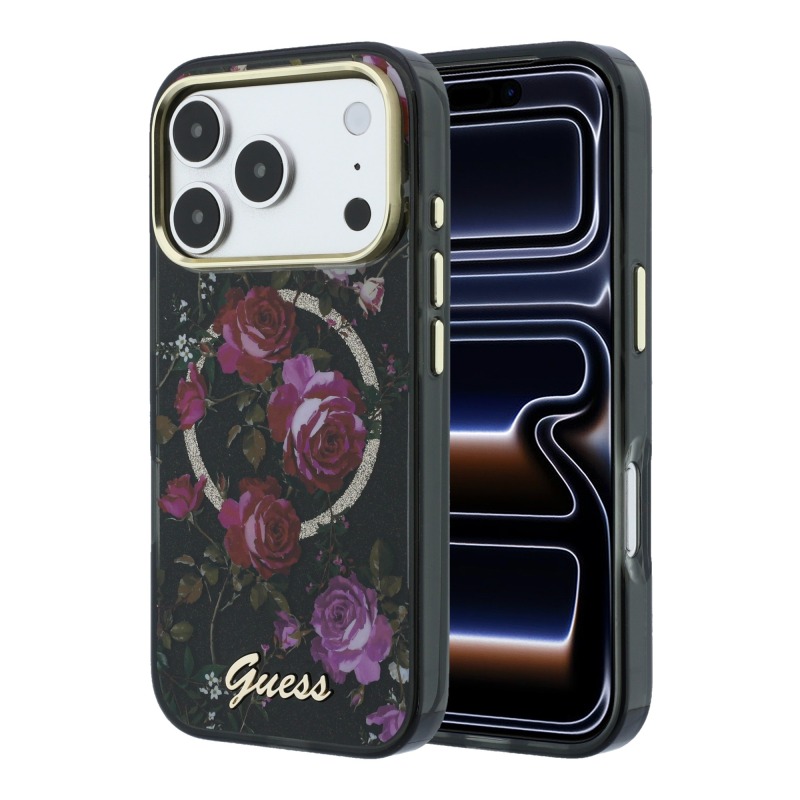 Apple iPhone 18 Pro Kılıf Guess Orjinal Lisanslı M-safe Şarj Özellikli Gül Desenli Simli Yazı Logolu Kapak - 2