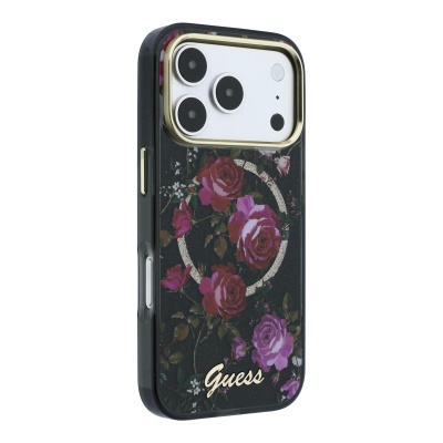 Apple iPhone 18 Pro Kılıf Guess Orjinal Lisanslı M-safe Şarj Özellikli Gül Desenli Simli Yazı Logolu Kapak - 13