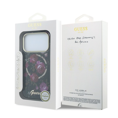 Apple iPhone 18 Pro Kılıf Guess Orjinal Lisanslı M-safe Şarj Özellikli Gül Desenli Simli Yazı Logolu Kapak - 17