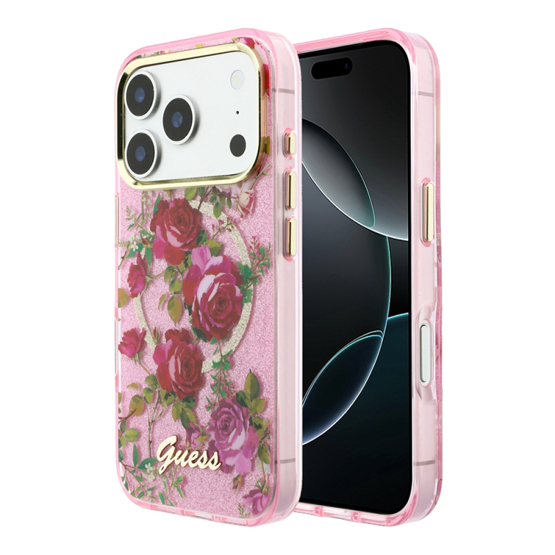 Apple iPhone 18 Pro Kılıf Guess Orjinal Lisanslı M-safe Şarj Özellikli Gül Desenli Simli Yazı Logolu Kapak - 3