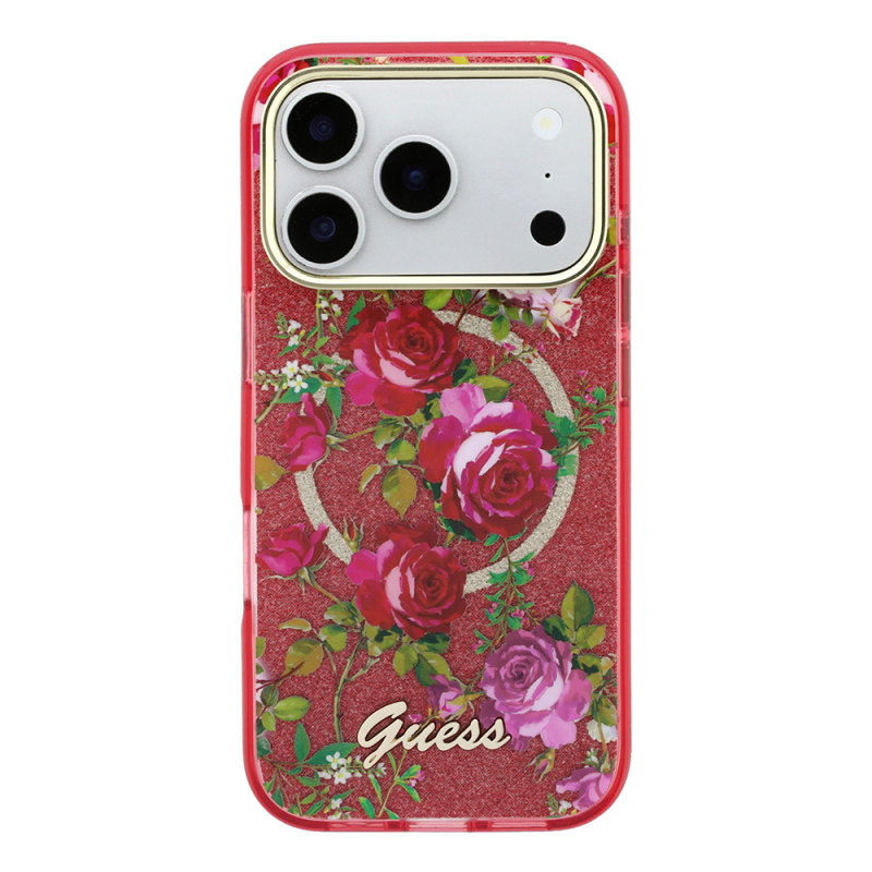 Apple iPhone 18 Pro Kılıf Guess Orjinal Lisanslı M-safe Şarj Özellikli Gül Desenli Simli Yazı Logolu Kapak - 27