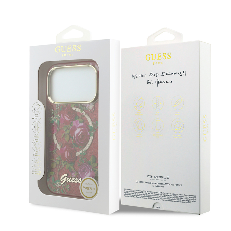 Apple iPhone 18 Pro Kılıf Guess Orjinal Lisanslı M-safe Şarj Özellikli Gül Desenli Simli Yazı Logolu Kapak - 32