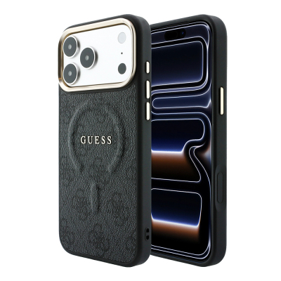 Apple iPhone 18 Pro Kılıf Guess Orjinal Lisanslı M-safe Şarj Özellikli Metal Kamera Çerçeveli C-Magnet 4G Desenli Yazı Logolu Kapak - 9