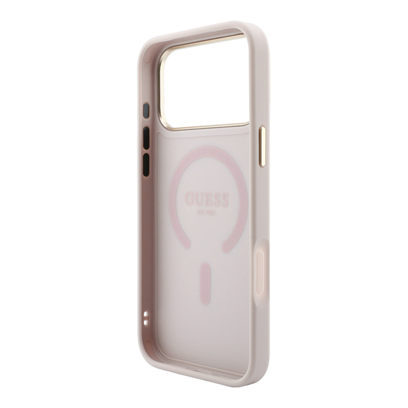 Apple iPhone 18 Pro Kılıf Guess Orjinal Lisanslı M-safe Şarj Özellikli Metal Kamera Çerçeveli C-Magnet 4G Desenli Yazı Logolu Kapak - 23