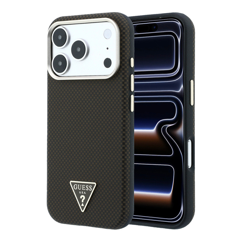 Apple iPhone 18 Pro Kılıf Guess Orjinal Lisanslı M-safe Şarj Özellikli PU Metal Üçgen Logolu Karbon Fiber Kevlar Kapak - 1