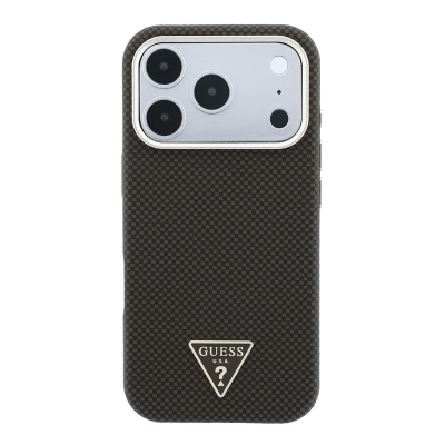 Apple iPhone 18 Pro Kılıf Guess Orjinal Lisanslı M-safe Şarj Özellikli PU Metal Üçgen Logolu Karbon Fiber Kevlar Kapak - 5