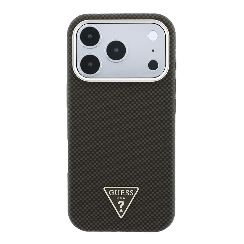 Apple iPhone 18 Pro Kılıf Guess Orjinal Lisanslı M-safe Şarj Özellikli PU Metal Üçgen Logolu Karbon Fiber Kevlar Kapak - 5
