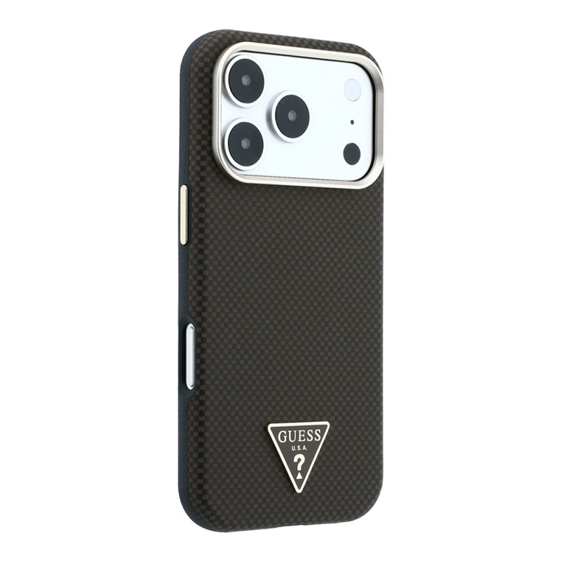 Apple iPhone 18 Pro Kılıf Guess Orjinal Lisanslı M-safe Şarj Özellikli PU Metal Üçgen Logolu Karbon Fiber Kevlar Kapak - 6
