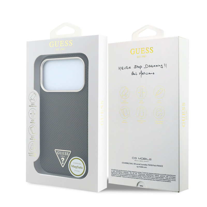 Apple iPhone 18 Pro Kılıf Guess Orjinal Lisanslı M-safe Şarj Özellikli PU Metal Üçgen Logolu Karbon Fiber Kevlar Kapak - 10
