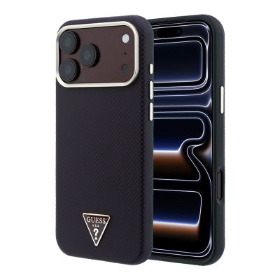 Apple iPhone 18 Pro Kılıf Guess Orjinal Lisanslı M-safe Şarj Özellikli PU Metal Üçgen Logolu Karbon Fiber Kevlar Kapak - 2