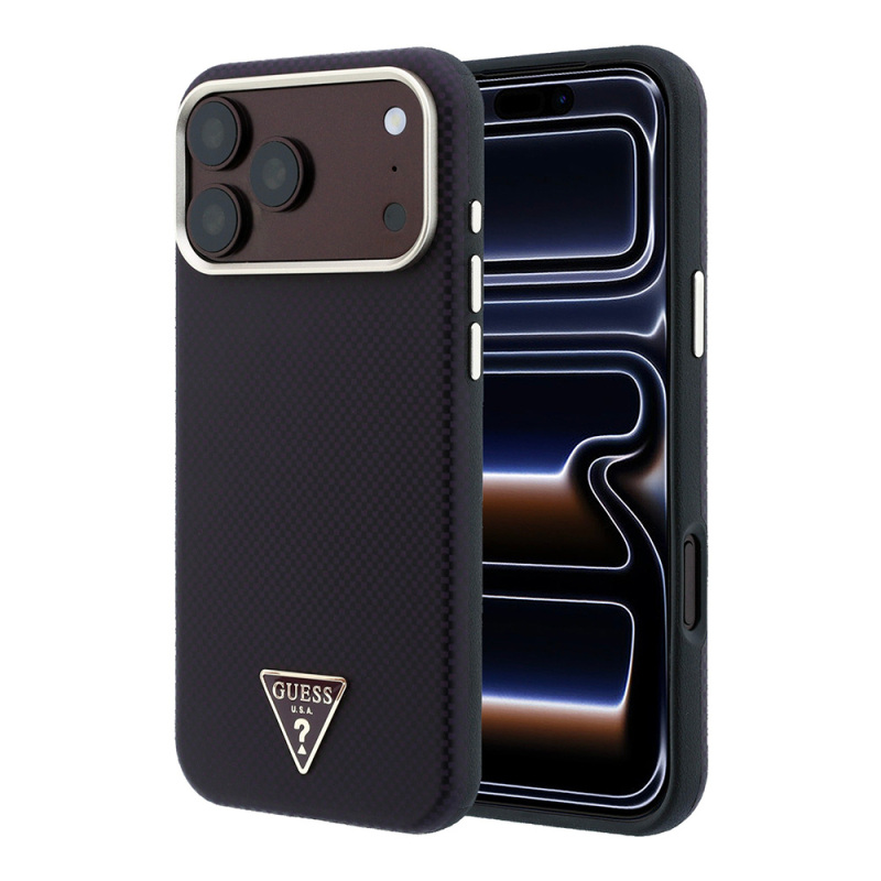 Apple iPhone 18 Pro Kılıf Guess Orjinal Lisanslı M-safe Şarj Özellikli PU Metal Üçgen Logolu Karbon Fiber Kevlar Kapak - 2