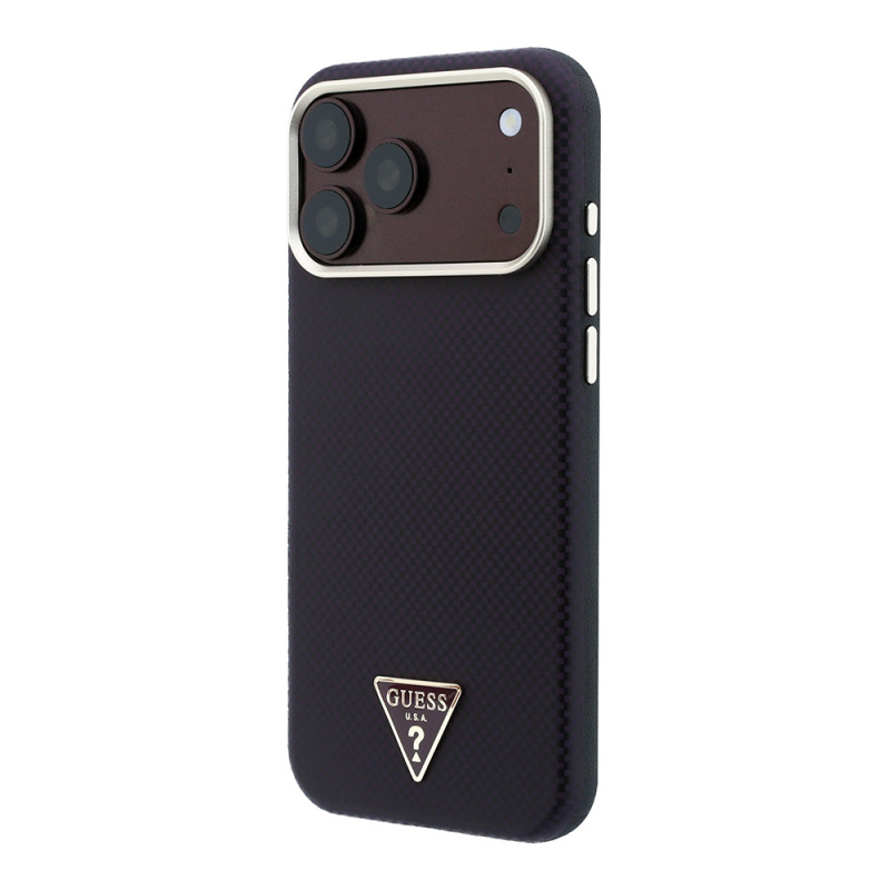 Apple iPhone 18 Pro Kılıf Guess Orjinal Lisanslı M-safe Şarj Özellikli PU Metal Üçgen Logolu Karbon Fiber Kevlar Kapak - 11
