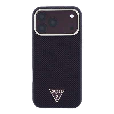 Apple iPhone 18 Pro Kılıf Guess Orjinal Lisanslı M-safe Şarj Özellikli PU Metal Üçgen Logolu Karbon Fiber Kevlar Kapak - 12