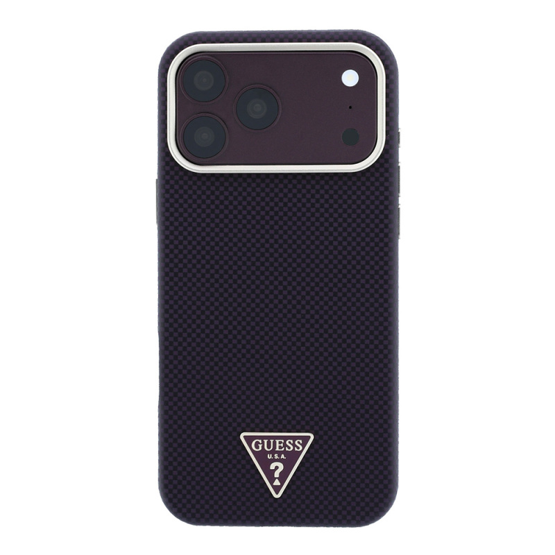 Apple iPhone 18 Pro Kılıf Guess Orjinal Lisanslı M-safe Şarj Özellikli PU Metal Üçgen Logolu Karbon Fiber Kevlar Kapak - 12