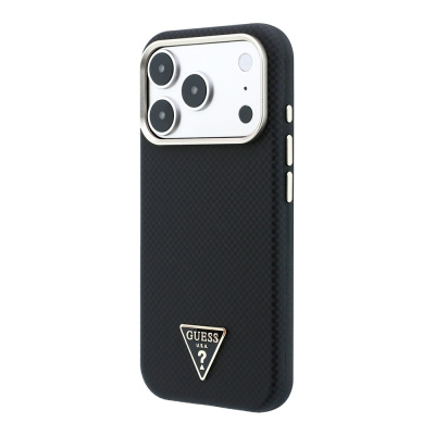 Apple iPhone 18 Pro Kılıf Guess Orjinal Lisanslı M-safe Şarj Özellikli PU Metal Üçgen Logolu Karbon Fiber Kevlar Kapak - 18