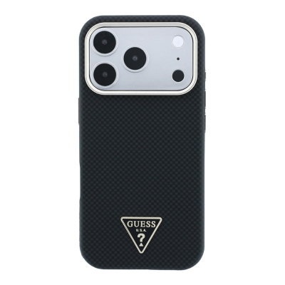 Apple iPhone 18 Pro Kılıf Guess Orjinal Lisanslı M-safe Şarj Özellikli PU Metal Üçgen Logolu Karbon Fiber Kevlar Kapak - 19